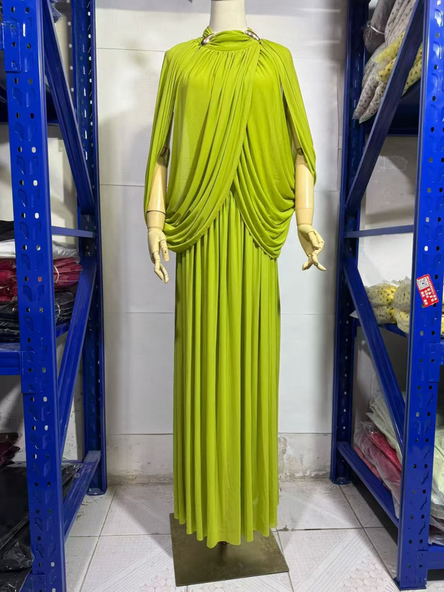 High-Neck Cape Evening Gown — Cross-Over Draping with a Flowing Pleated Skirt
