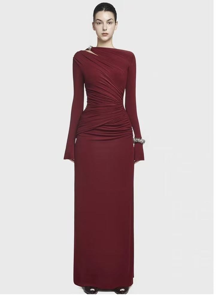 Long-Sleeve Ruched Maxi Dress — An Asymmetric Neckline with a Shoulder Cut-Out