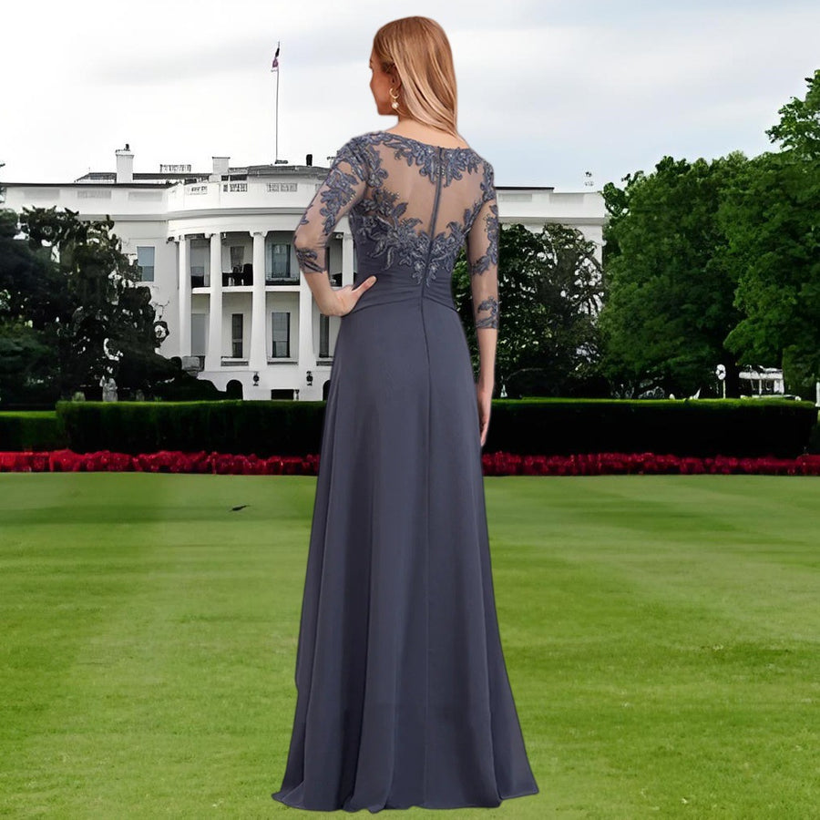 Chiffon lace patchwork mid-sleeve evening gown - round neck a-line floor-length dress - perfect for mothers, mothers-in-law, and hostesses