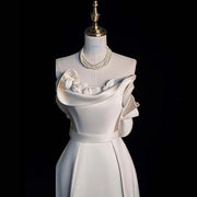 Ivory Sculpted Satin Evening Gown - French Minimalist Draped Couture Dress