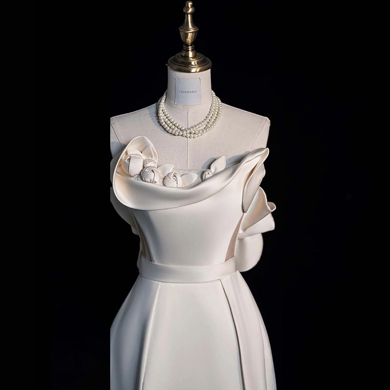Ivory Sculpted Satin Evening Gown - French Minimalist Draped Couture Dress