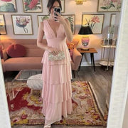 European and american chiffon bridesmaid dress v-neck sleeveless tiered cake dress wedding sister dress hostess outfit gown