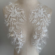 Beaded Sequin Lace Flower Appliqué Pair – DIY Wedding Veil, Dress & Clothing Embellishment (ZH519)