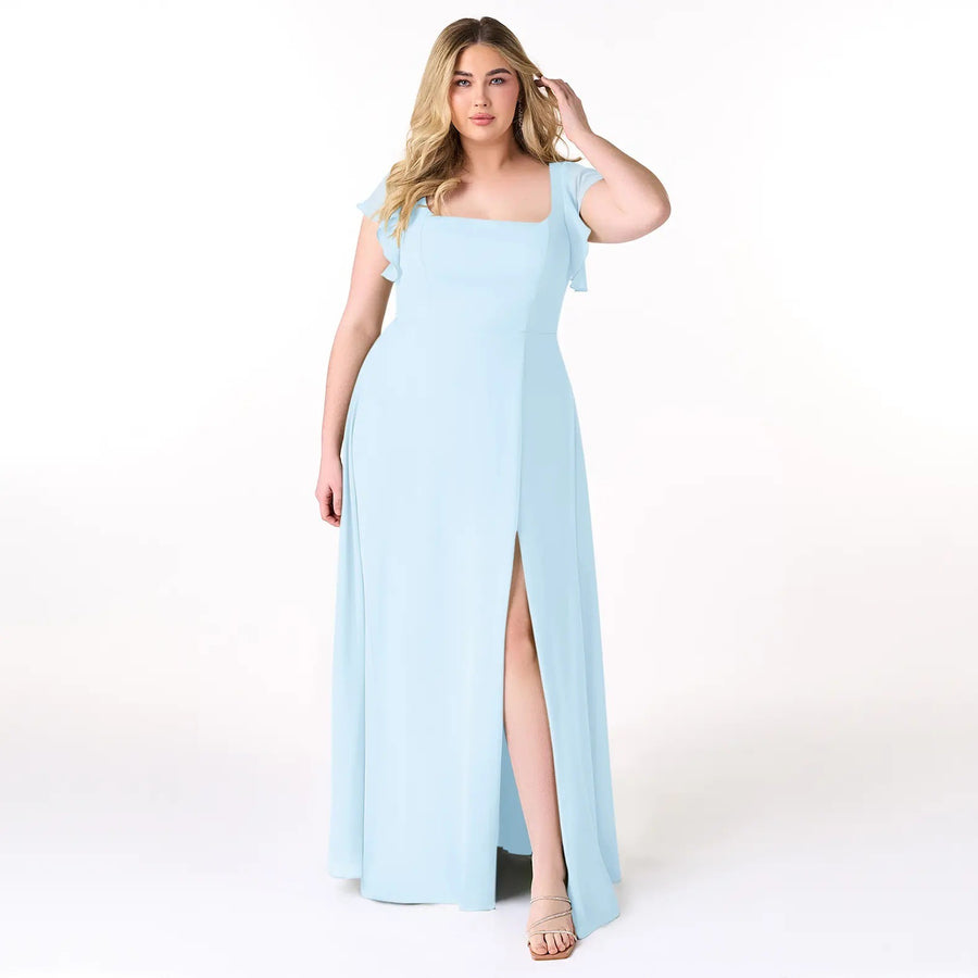 Cross-border exclusive square neck ruffle sleeve chiffon slit long dress wedding bridesmaid host performance costume dress dress