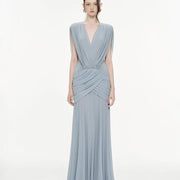V-Neck Draped Evening Gown — Cross-Over Hip Pleats with a Flowing Skirt