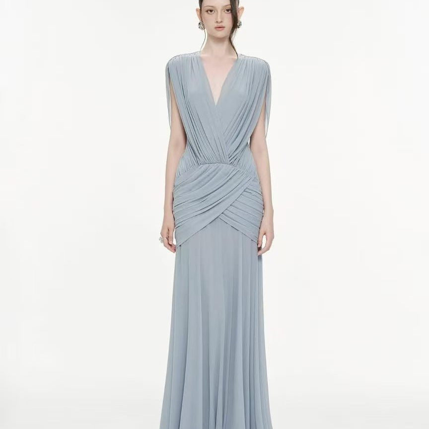 V-Neck Draped Evening Gown — Cross-Over Hip Pleats with a Flowing Skirt