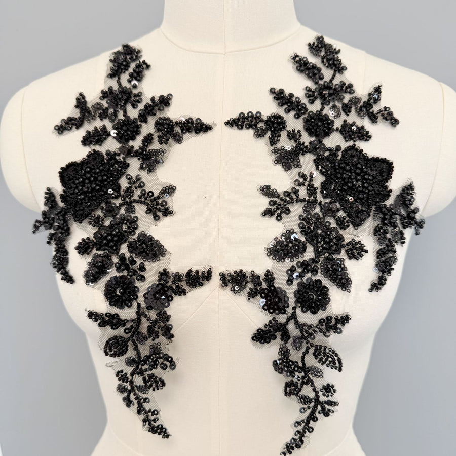 Zh427 pair of black beaded flower appliques - diy embellishments for clothing, dresses, and more - 3d embroidery