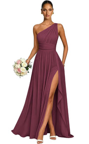 One shoulder chiffon long bridesmaid dress slit evening dress female sister group toast dress graduation performance dress factory direct supply