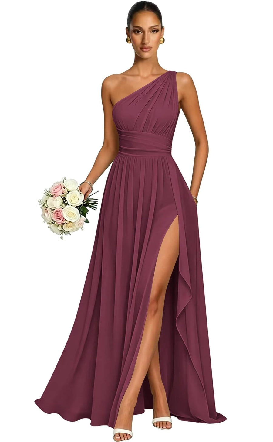 One shoulder chiffon long bridesmaid dress slit evening dress female sister group toast dress graduation performance dress factory direct supply