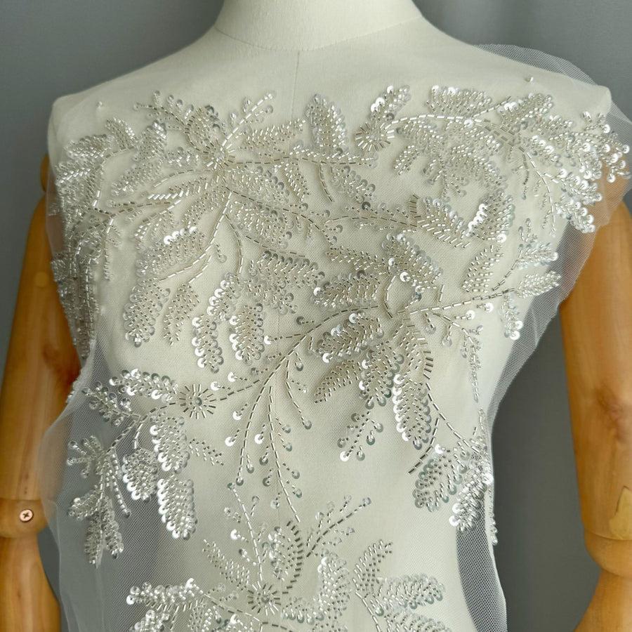 Zh488 new floral embroidery design with beaded appliqué, heavy beading, and silver floral sequins on lace fabric