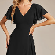 2026 cross-border gentle style v-neck pleated chiffon bridesmaid dress ruffle short-sleeved asymmetrical skirt party