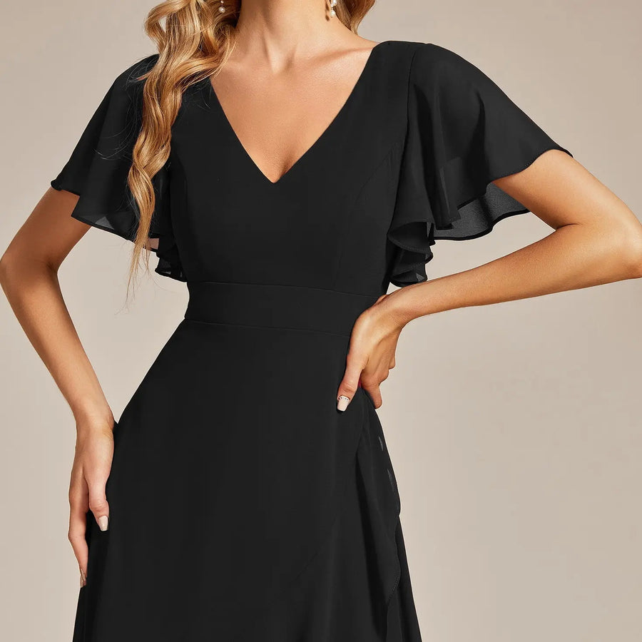 2026 cross-border gentle style v-neck pleated chiffon bridesmaid dress ruffle short-sleeved asymmetrical skirt party