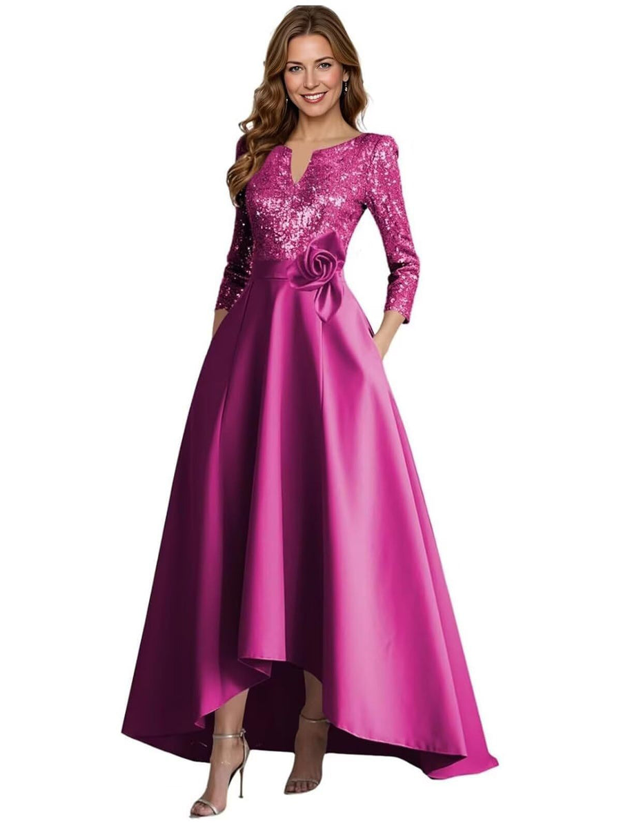 European and american style plus size evening gown for women, sequined satin high-low floor-length dress, wedding mother of the bride outfit, new year's gala performance dress