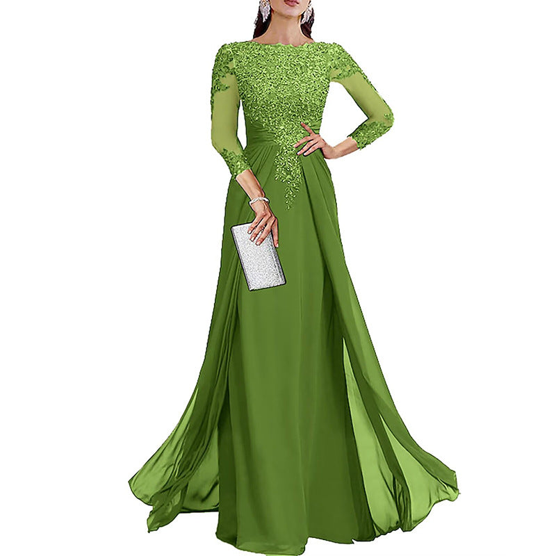 Cross-border lace patchwork long evening dress women's three-quarter sleeve banquet host bridesmaid dress new arrival elegant slimming evening gown