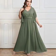 Plus size women's v-neck high-waisted a-line long evening gown/party dress - slimming and flattering - perfect for curvy moms (cross-border)