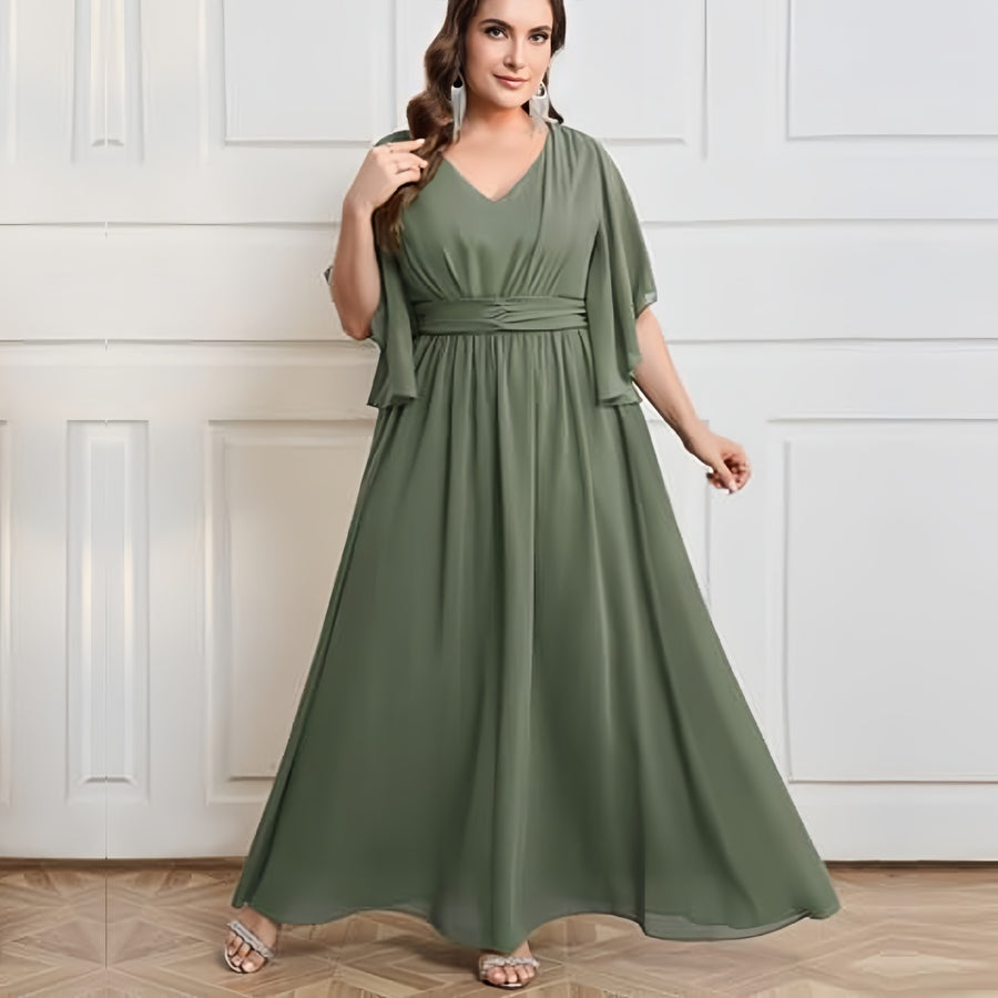Plus size women's v-neck high-waisted a-line long evening gown/party dress - slimming and flattering - perfect for curvy moms (cross-border)