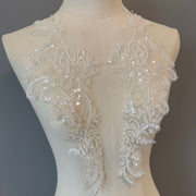 Zh295 pair of off-white sequin embroidered appliqué flowers for wedding dresses and evening gowns - decorative lace floral fabric patches