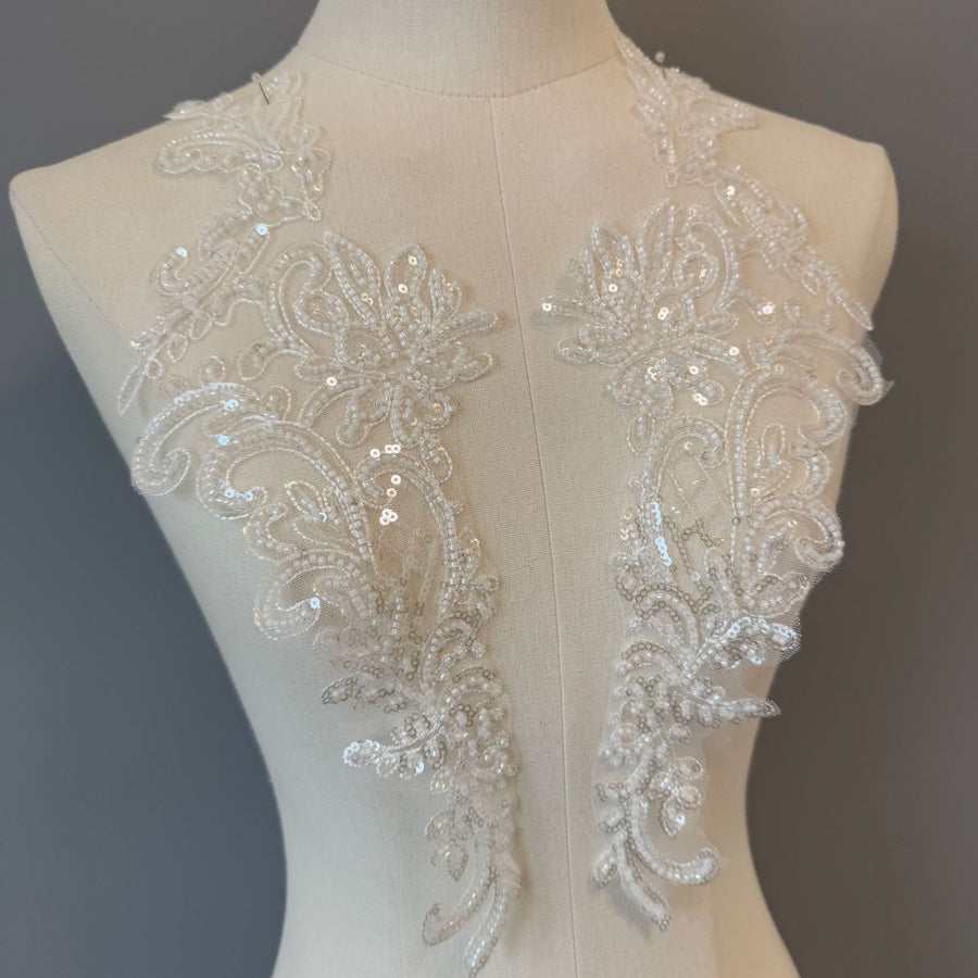 Zh295 pair of off-white sequin embroidered appliqué flowers for wedding dresses and evening gowns - decorative lace floral fabric patches