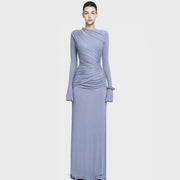 Long-Sleeve Ruched Maxi Dress — An Asymmetric Neckline with a Shoulder Cut-Out