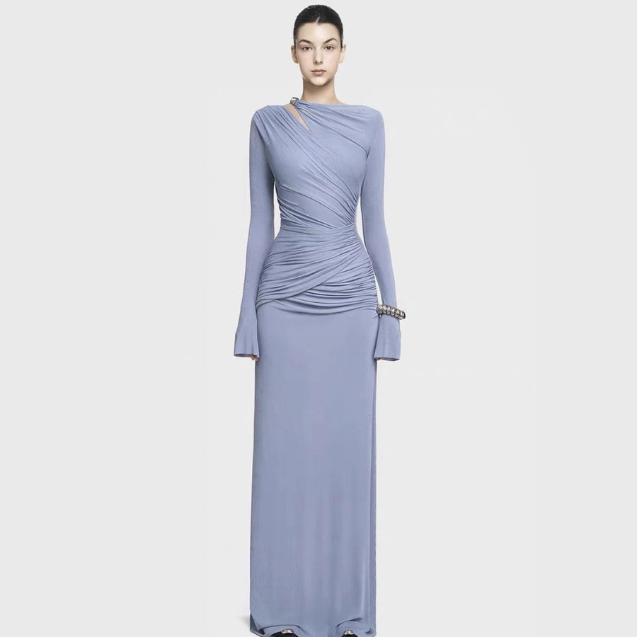 Long-Sleeve Ruched Maxi Dress — An Asymmetric Neckline with a Shoulder Cut-Out