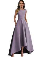 Women's solid color satin sleeveless fitted evening gown for export - amazon style cocktail party bridesmaid dress - high-low hem