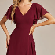 2026 cross-border gentle style v-neck pleated chiffon bridesmaid dress ruffle short-sleeved asymmetrical skirt party