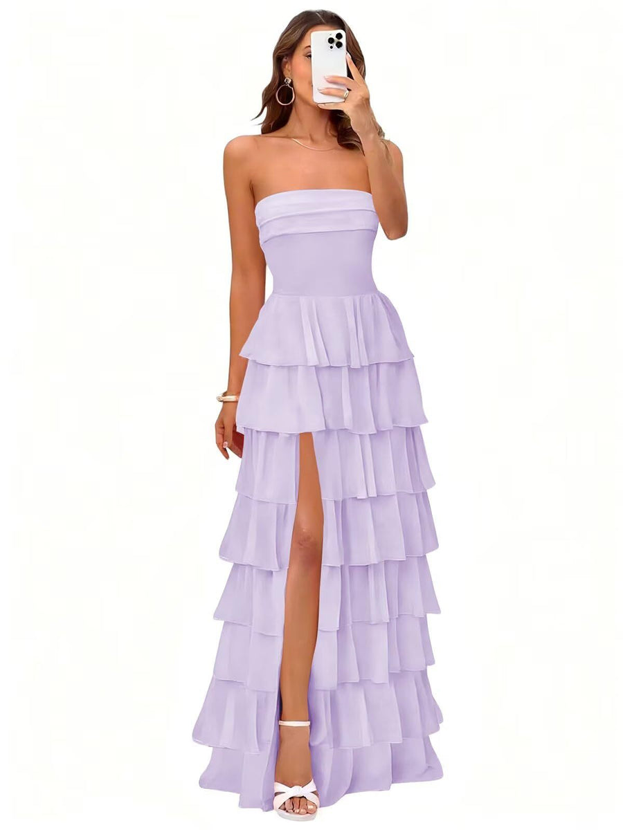Cake skirt women's layered ruffles high slit long skirt sexy evening dress wedding bridesmaid dress tube top party dress