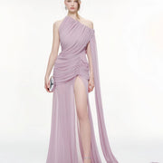 One-Shoulder Ruched Evening Gown — A Thigh-High Split with Trailing Draping