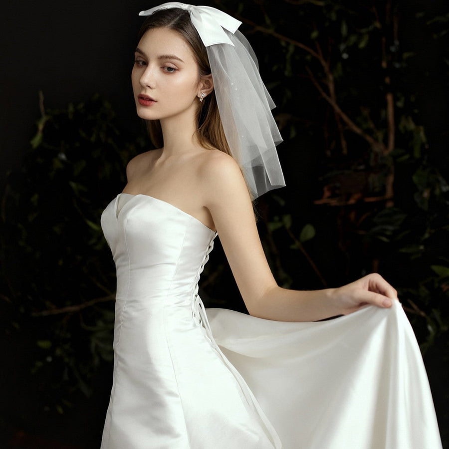 Pearl beaded bow bridal veil made of soft chiffon tulle with sparkling mesh for wedding headpiece