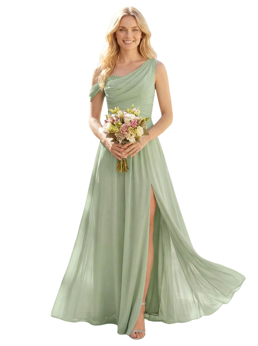 Cross-border dress bridesmaid dress chiffon one shoulder long skirt side slit forest fairy elegant wedding sister dress evening dress