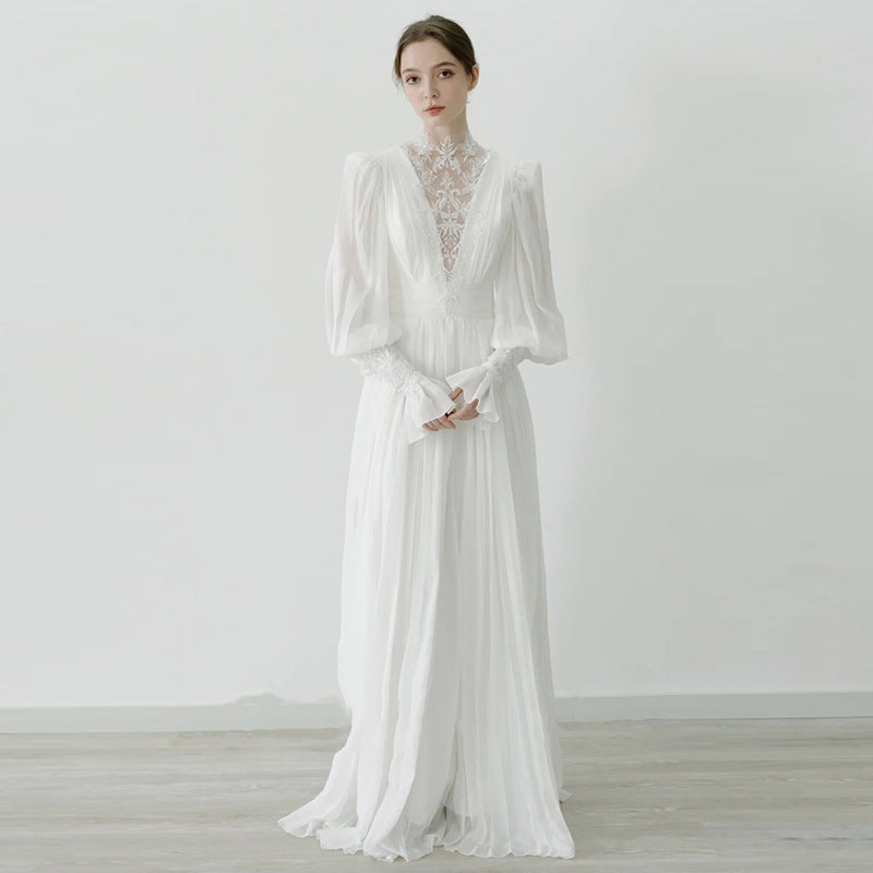 Celestial Lace formal wedding guest dress with vintage high neck chiffon and embroidered lace details