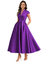2026 premium satin v-neck midi dress with belted waist, pockets, and suitable for daily wear, parties, and hosting events