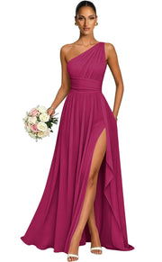 One shoulder chiffon long bridesmaid dress slit evening dress female sister group toast dress graduation performance dress factory direct supply