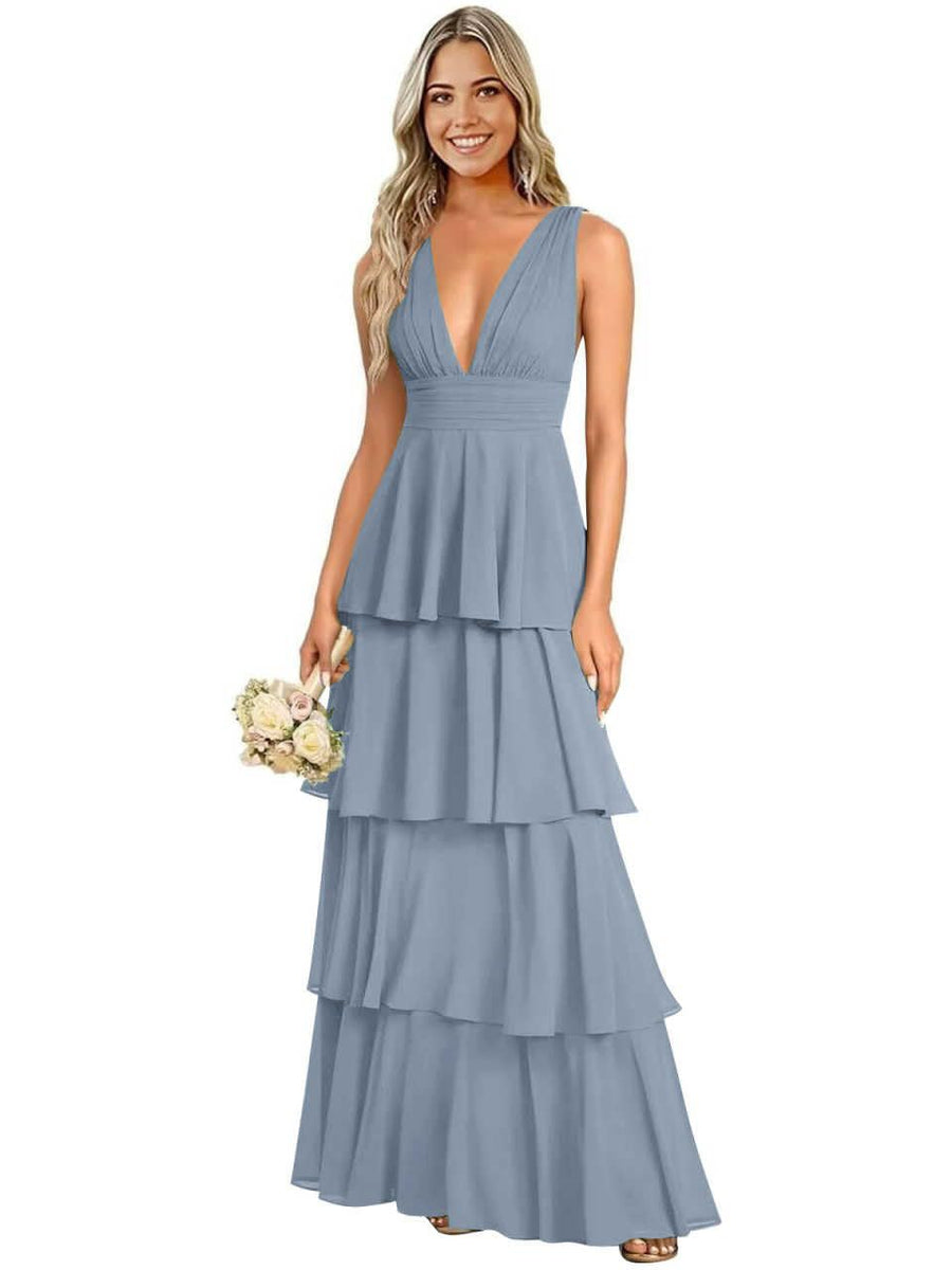 European and american chiffon bridesmaid dress v-neck sleeveless tiered cake dress wedding sister dress hostess outfit gown