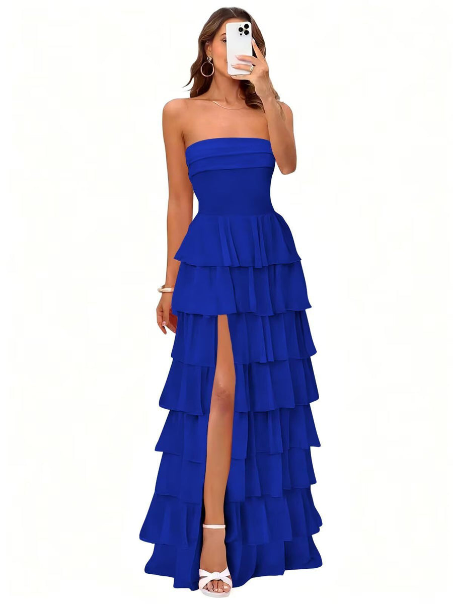 Cake skirt women's layered ruffles high slit long skirt sexy evening dress wedding bridesmaid dress tube top party dress