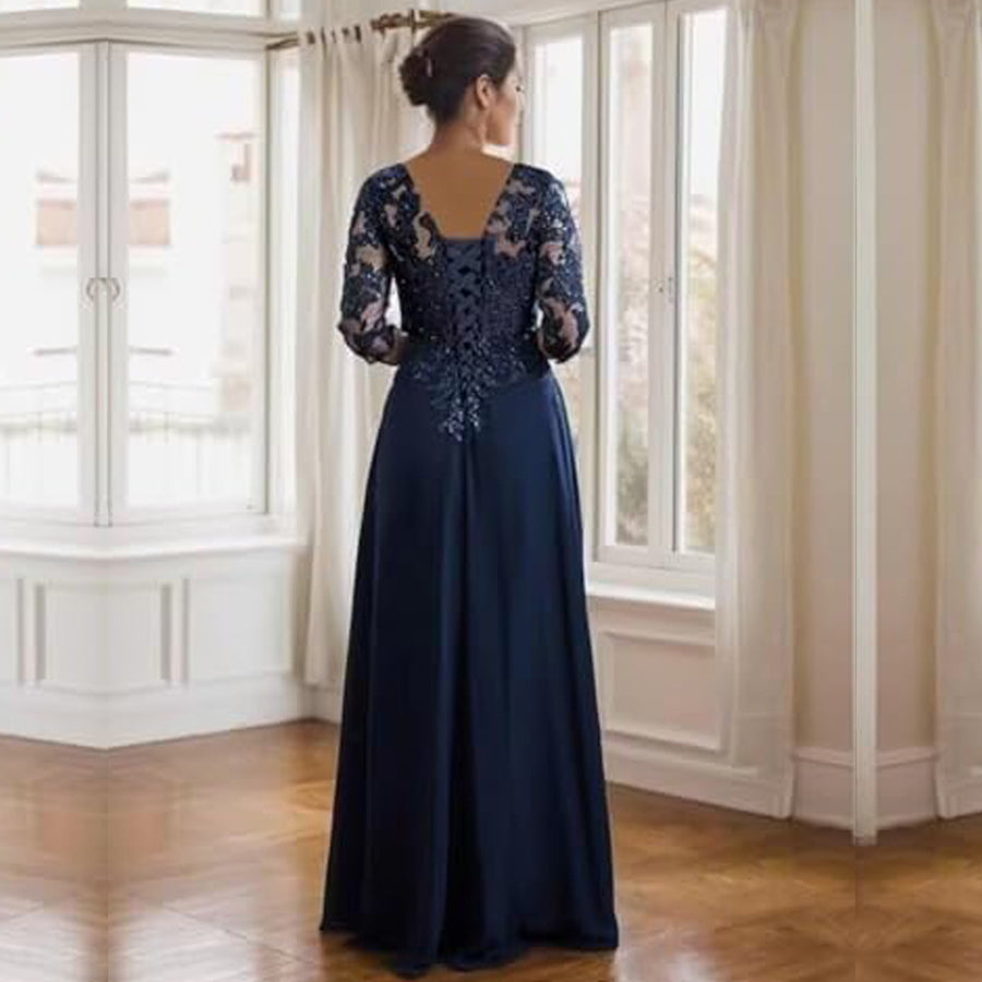 Cross-border lace patchwork long evening dress women's three-quarter sleeve banquet host bridesmaid dress new arrival elegant slimming evening gown