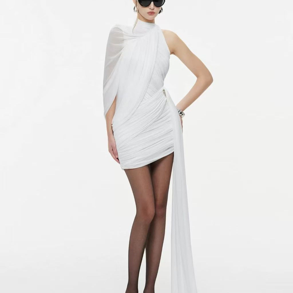 2026 summer new arrival: asymmetrical one-shoulder pleated ruffle hem mini dress - vietnamese niche design, bodycon, slimming