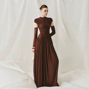High-Neck Ruched Maxi Dress — A Sculpted Bodice with a Flowing Skirt