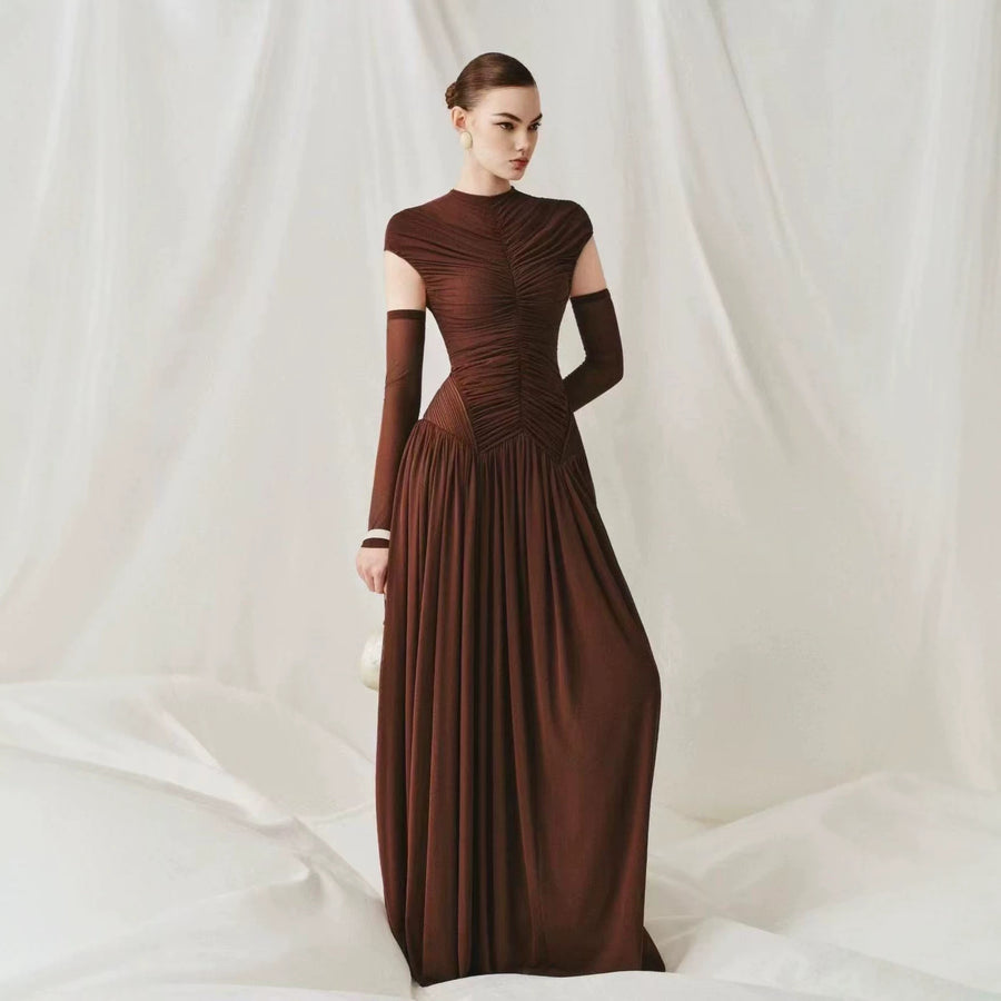 High-Neck Ruched Maxi Dress — A Sculpted Bodice with a Flowing Skirt