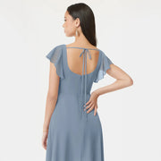 Cross-border exclusive square neck ruffle sleeve chiffon slit long dress wedding bridesmaid host performance costume dress dress