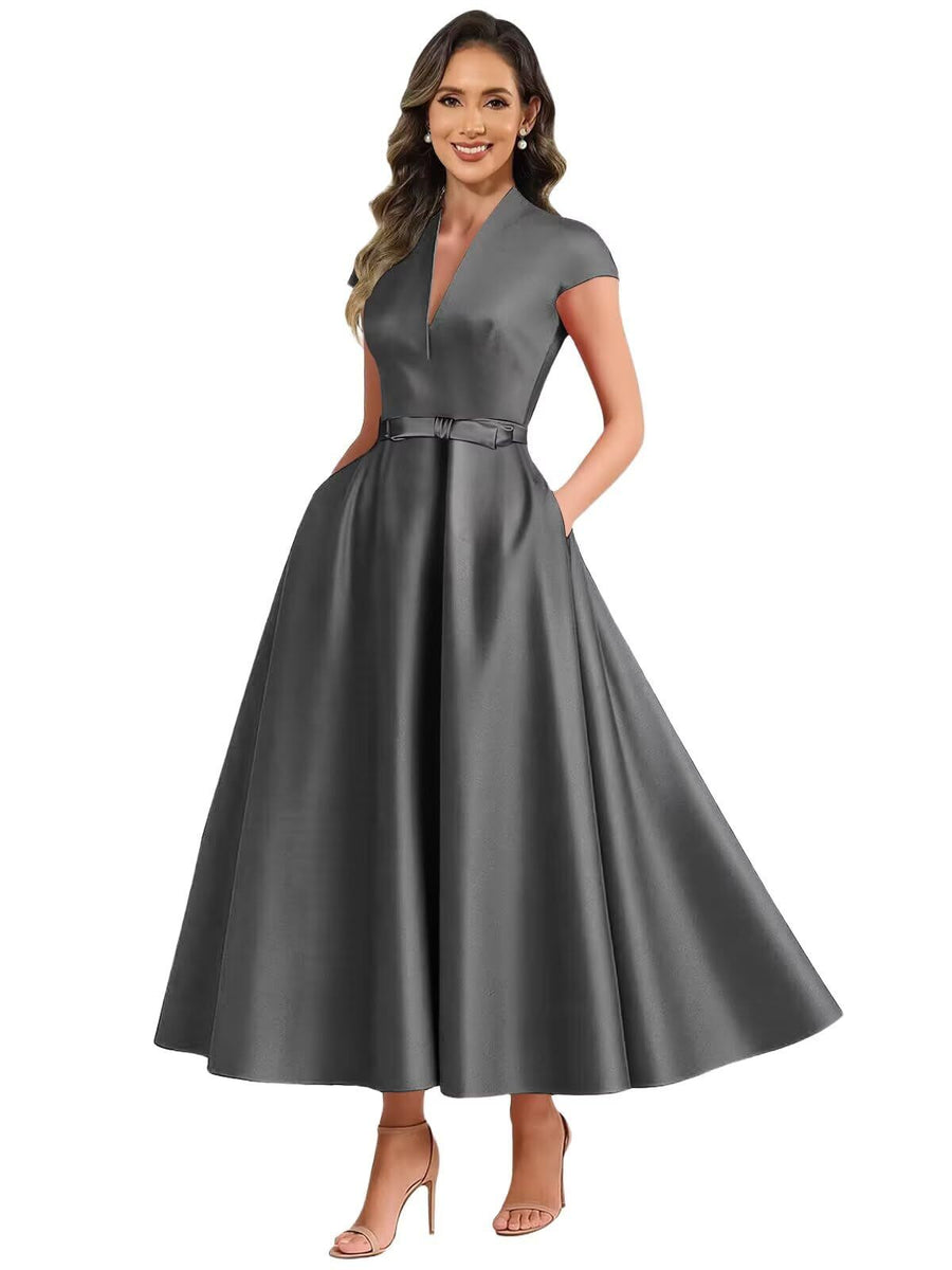 Fashion aliexpress export satin short banquet dress party bows evening dress wedding ladieswear church