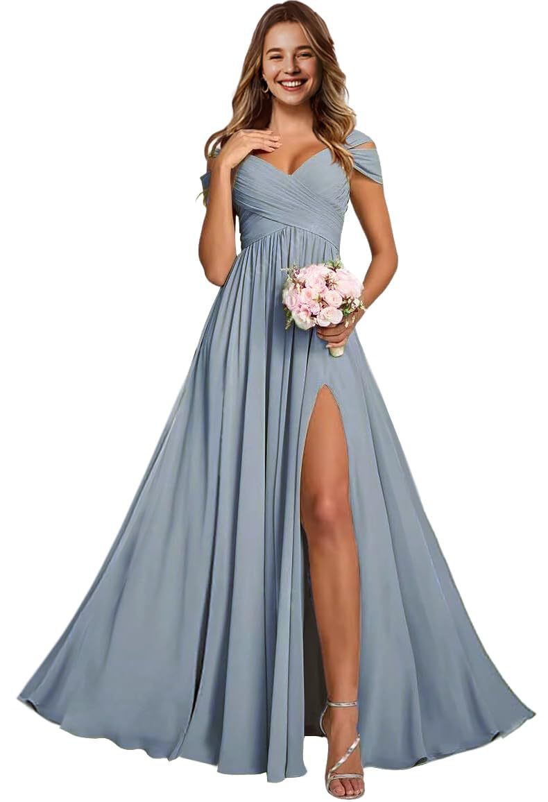 Off-the-shoulder bridesmaid dresses - long, slit, chiffon evening gowns for dinner parties, proms, and sisterhood events
