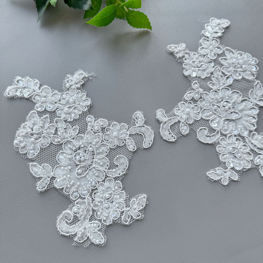 White Embroidered Beaded Lace Trim - DIY Bridal Headpiece & Wedding Dress Accessory