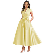 2026 premium satin v-neck midi dress with belted waist, pockets, and suitable for daily wear, parties, and hosting events