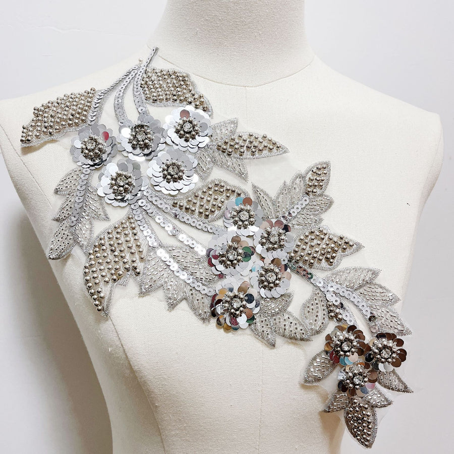 Silver Beaded Sequins Lace Flower Accessory - DIY Wedding Dress, Veil & Shoe Decoration