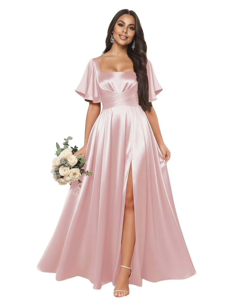 Satin square neck short-sleeved long evening dress, multiple colors available, sister group toast dress, annual meeting host, classy banquet