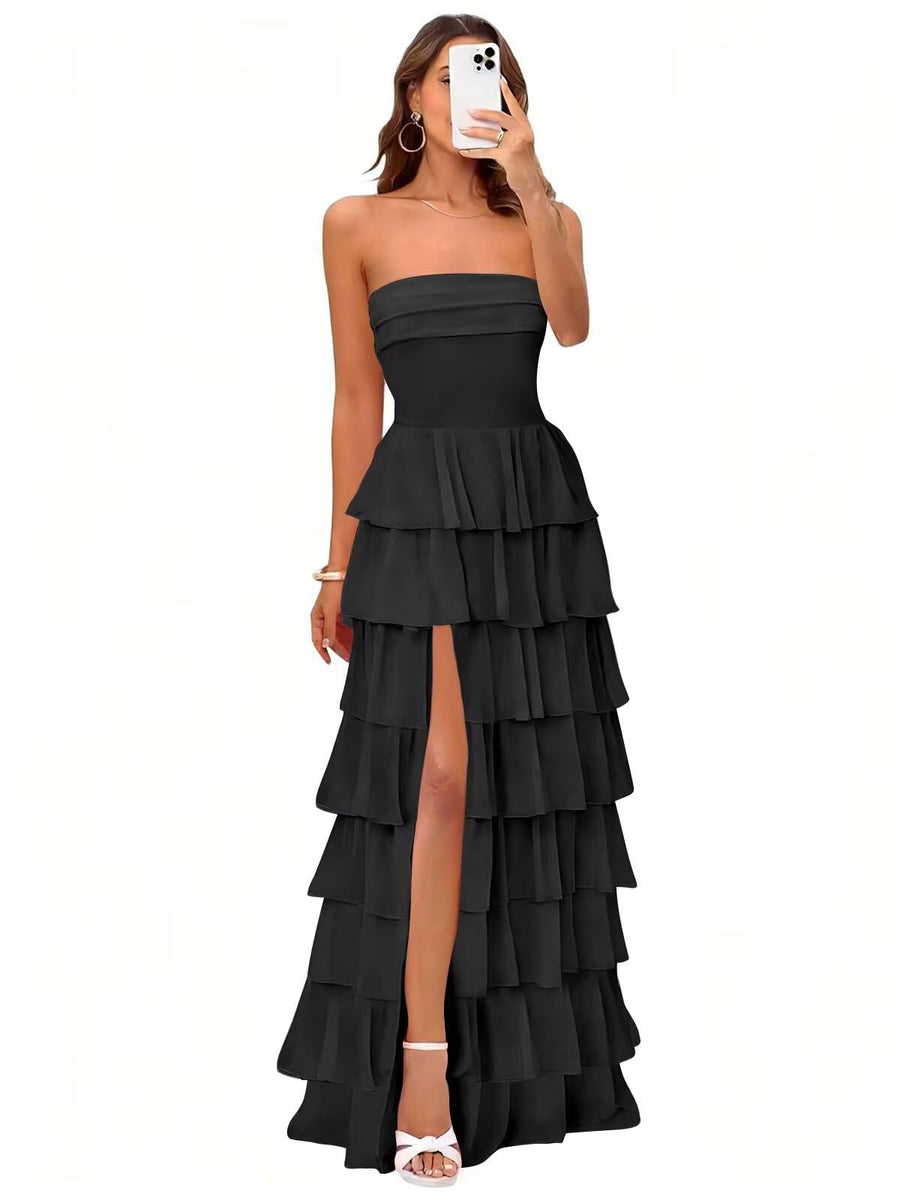 Cake skirt women's layered ruffles high slit long skirt sexy evening dress wedding bridesmaid dress tube top party dress