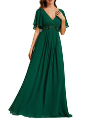 European and american style v-neck chiffon long bridesmaid dress, butterfly sleeve cinched waist slimming evening gown, party hostess dress