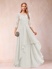 Chiffon lace patchwork mid-sleeve evening gown - round neck a-line floor-length dress - perfect for mothers, mothers-in-law, and hostesses