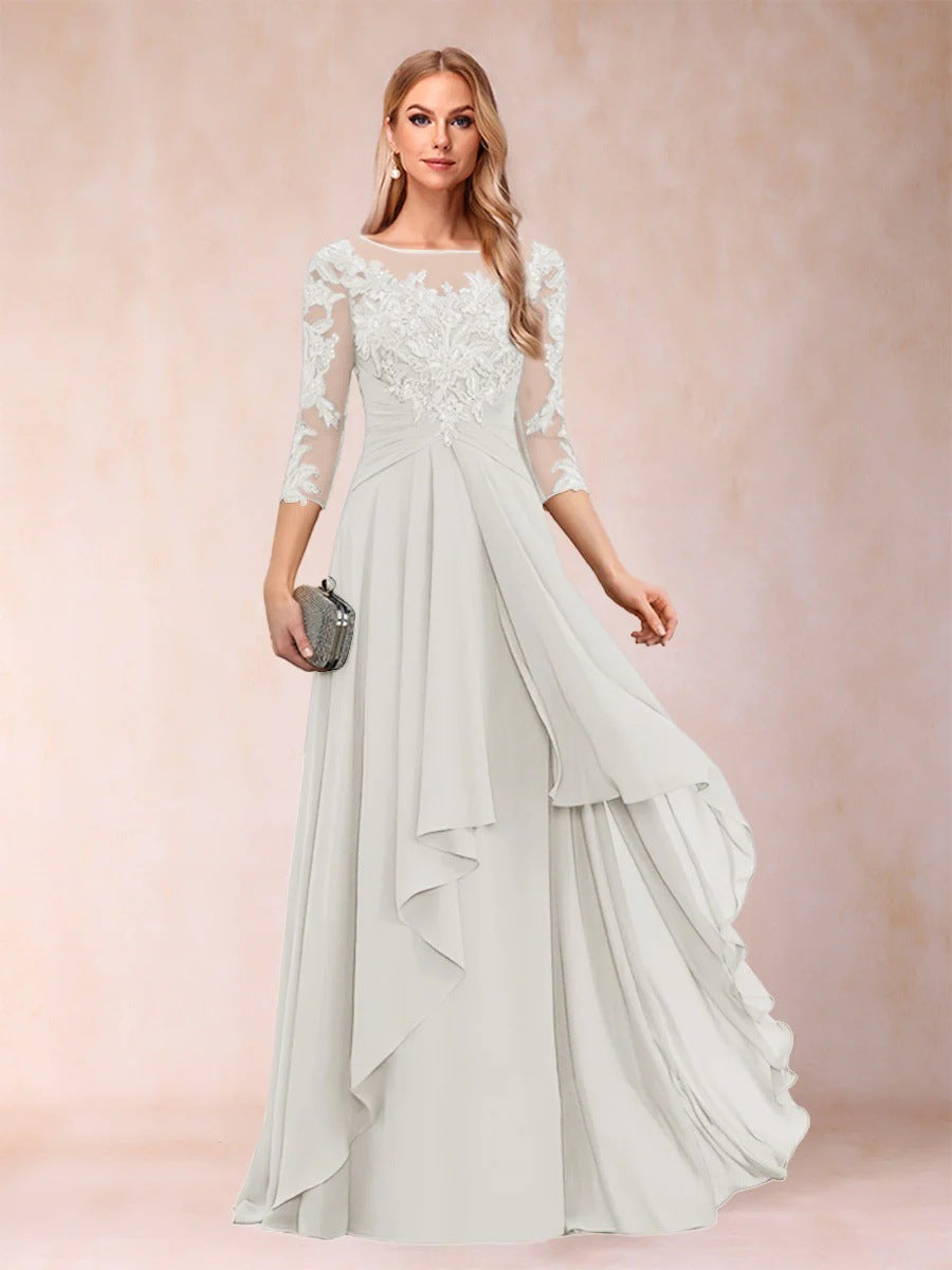 Chiffon lace patchwork mid-sleeve evening gown - round neck a-line floor-length dress - perfect for mothers, mothers-in-law, and hostesses